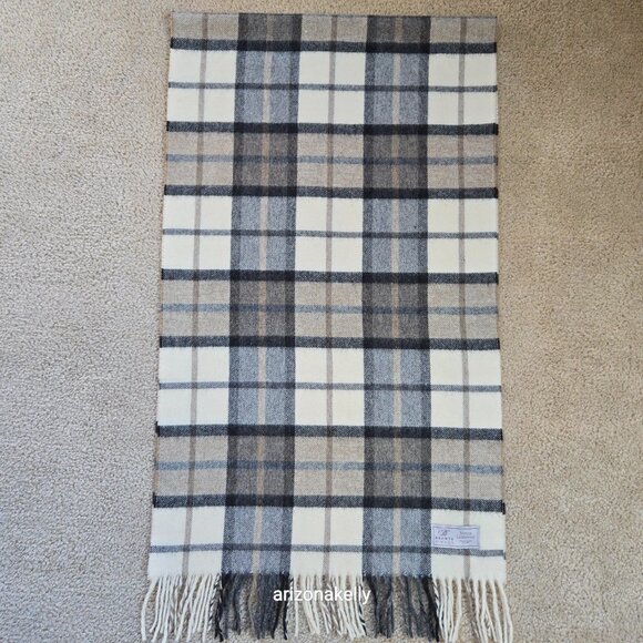 NWOT Bronte by Moon Merino Lambswool Plaid Scarf Cream, Brown & Tan - Picture 2 of 9